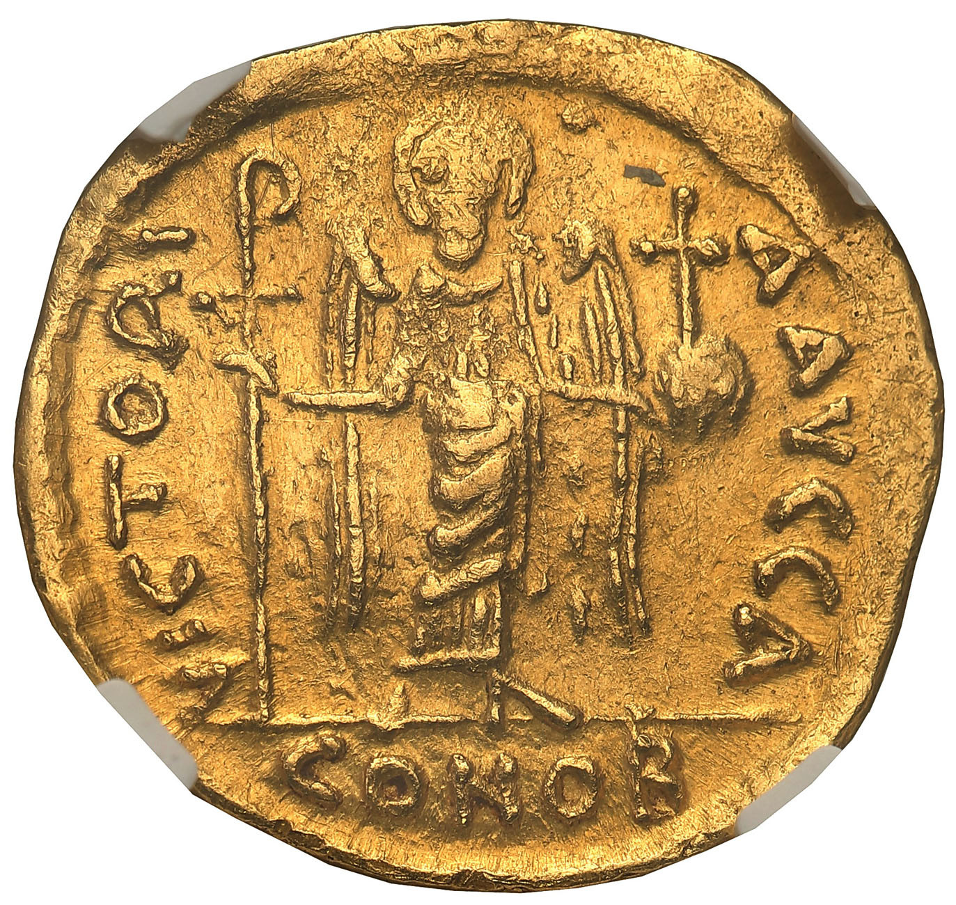 Bizancjum. Mauricius Tiberius (582-602). Solidus, Konstantynopol NGC Ch XF 3/5 3/5